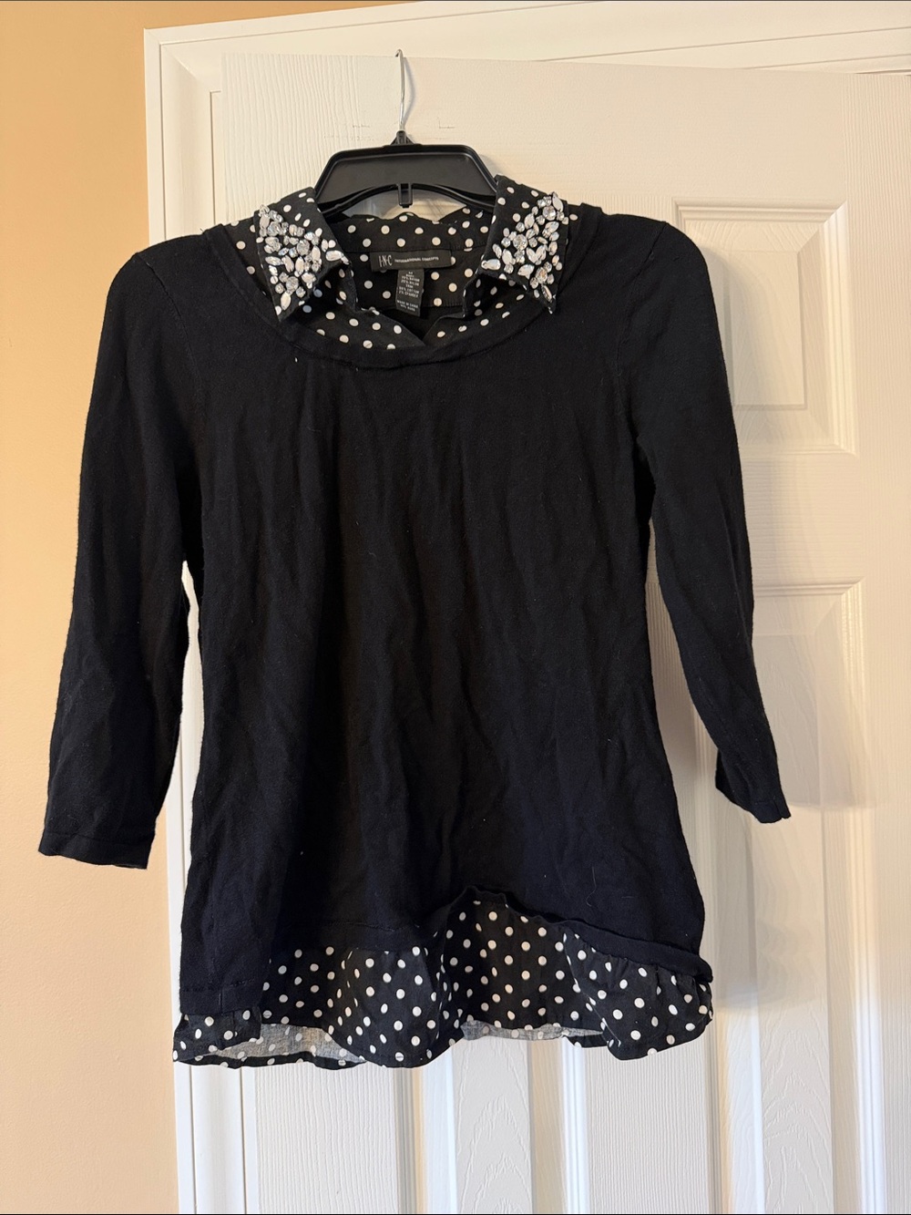 INC International Concepts Black Knit Top with Polka Dot Trim